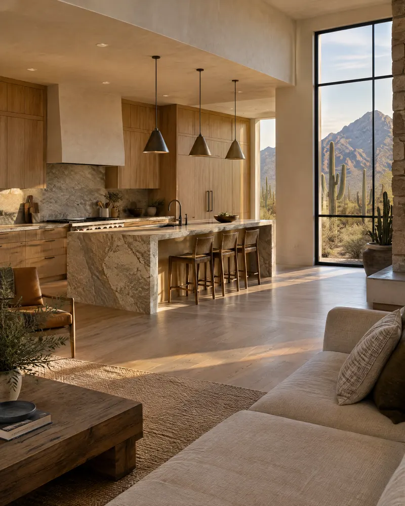 Open living room and kitchen in a remodeled Scottsdale home