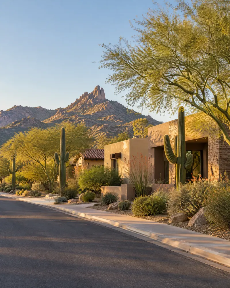 Residential street in North Scottsdale with desert landscaping and mountain views