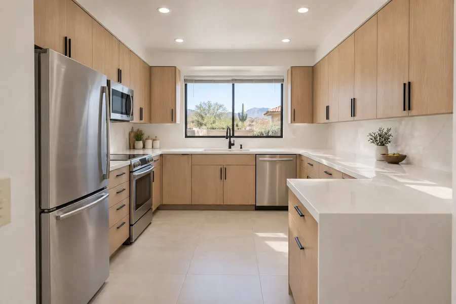 The same kitchen after a remodel with white oak cabinets and quartz counters